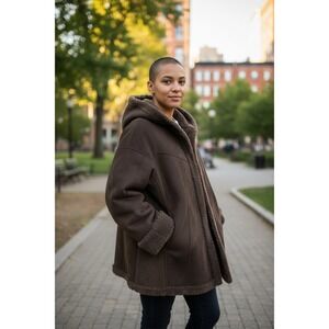 Jones New York Women Brown Faux Suede Fur Lined Hooded Jacket Coat J20702MA